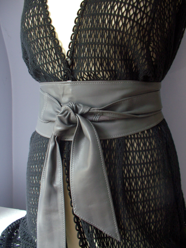 Grey Handmade Leather Obi Sash Wrap Tie Belt