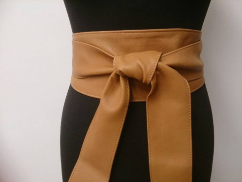 Natural Tan Handmade Leather Obi Sash Wrap Tie Belt