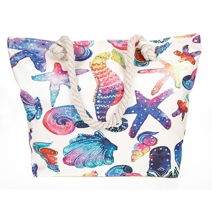 Large Beach Bag Tote with multicolour Shell and Seahorse Print - Poltsa  Boutique