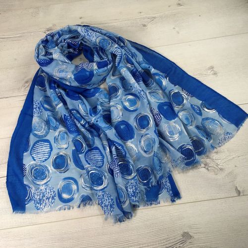 Electric Blue Scarf with Blue and Silver Foil Circles and Dots