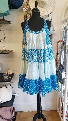 Blue and White Sleeveless Summer Dress