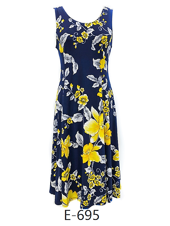 Floral Print Sleeveless Dress in Navy Blue and Yellow - Poltsa Boutique