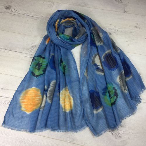 Blue Scarf with Large Colourful Dots