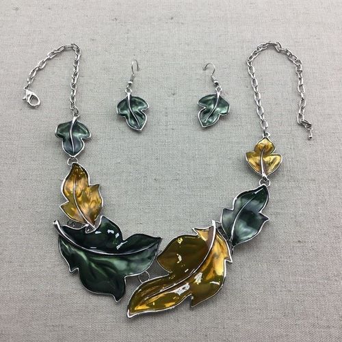 Leaf Necklace, Leaf Earrings, Leaf Set - Green and Yellow