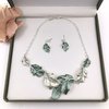 Leaf Necklace, Long Leaf Earrings, Leaf Set - Matte Green