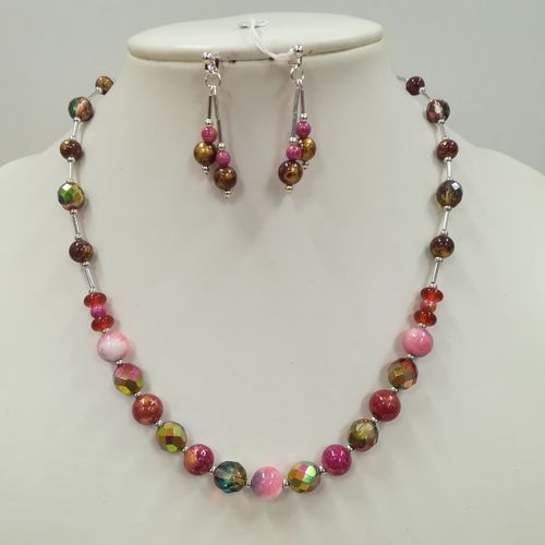 Pink and Green Gemstone and Glass Necklace