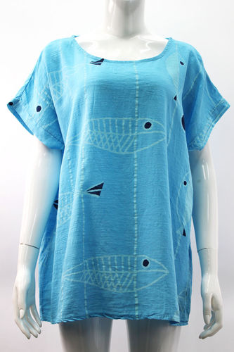 Tuquoise Short Sleeve Top With Fish Print