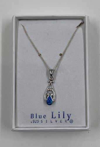 Intricate Blue Fire Opal Teardrop Pendant - Sterling Silver