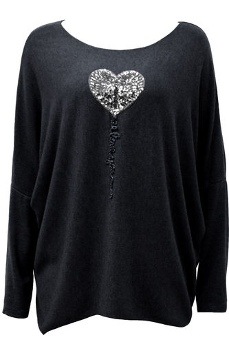 Sequined Heart Soft Knit - Black