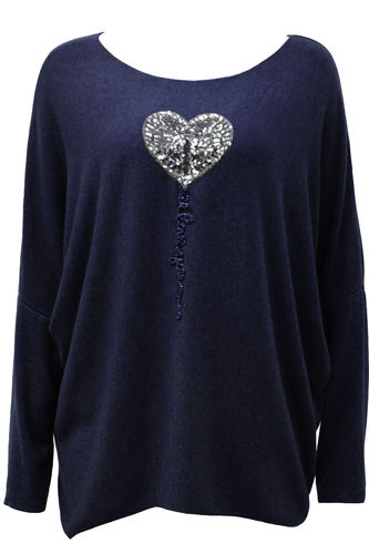 Sequined Heart Soft Knit - Navy Blue